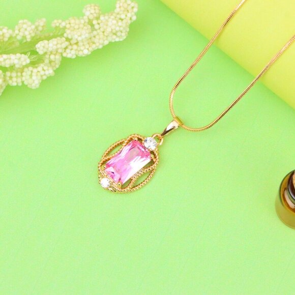 "Pink Rectangle Pendant with Gold Plated Brass and Crystal Accents, XPPT1681 - Picture 12 of 13